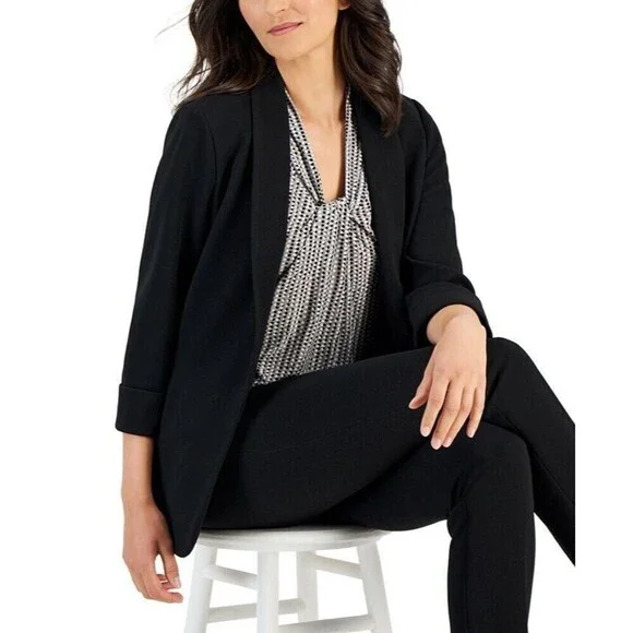 Kasper Women's Crosshatch Shawl-Collar Open-Front Jacket Work Blazer Black PS - Picture 2 of 7